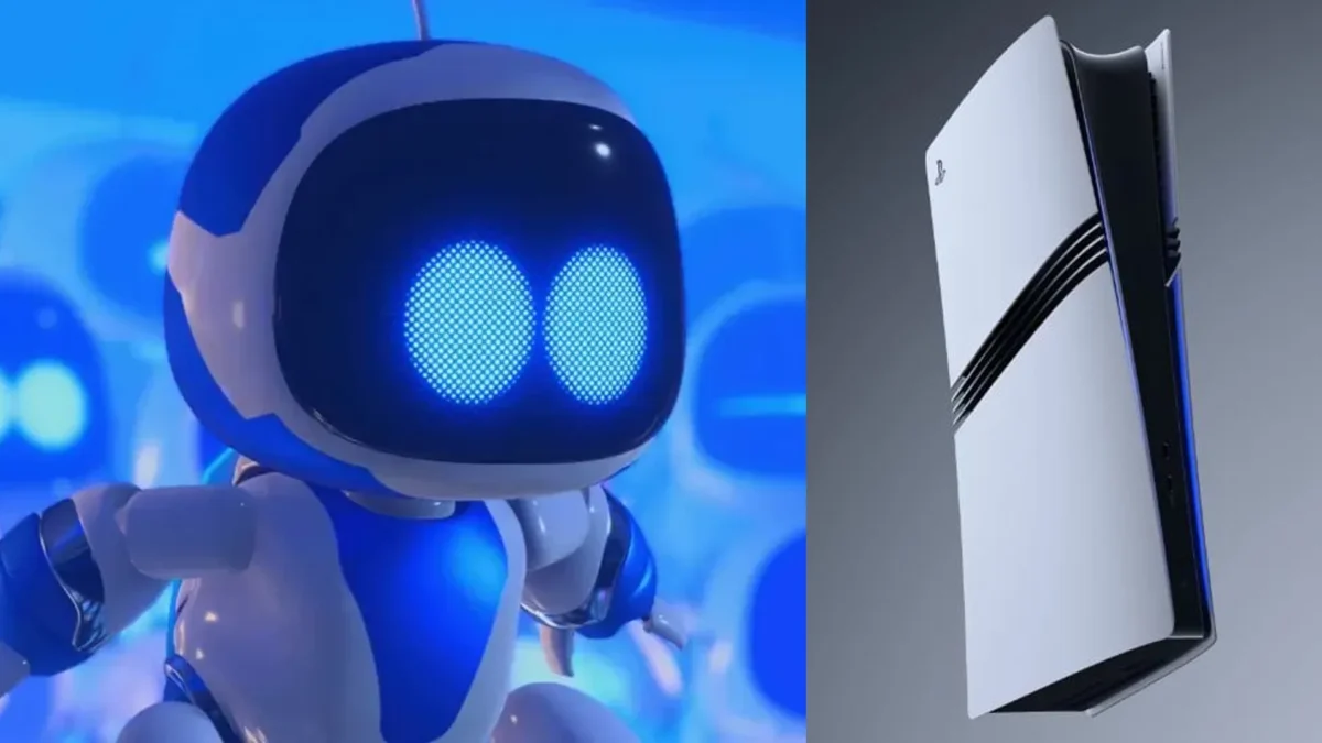 تصویر ترکیبی از ربات بازی Astro Bot با چشمان آبی درخشان و کنسول سفید پلیاستیشن ۵ با نوارهای مشکی در بدنه.