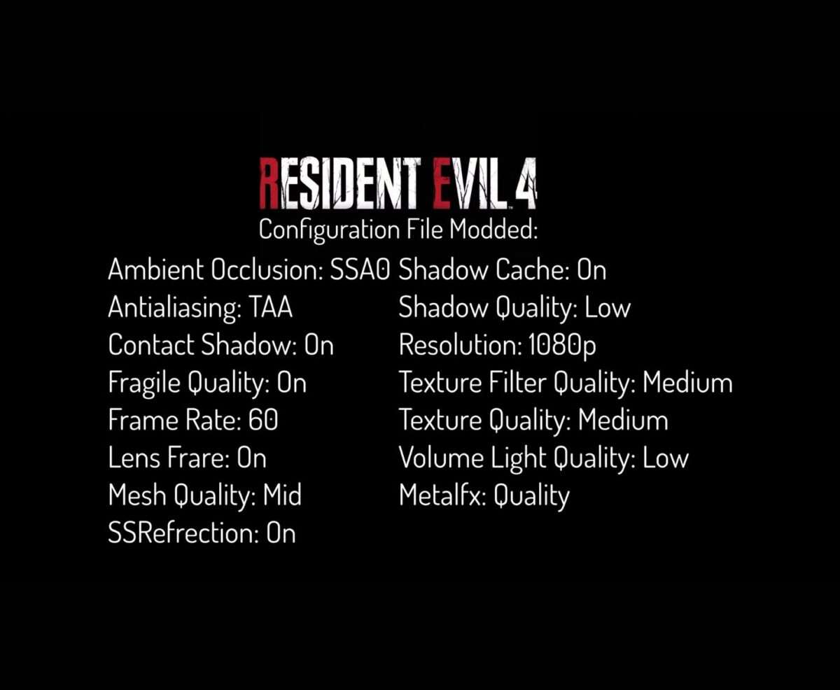 لیست تنظیمات گرافیکی Resident Evil 4 Remake پس از اصلاح فایل پیکربندی؛ شامل آنتیالیاسینگ TAA، کیفیت متوسط بافتها، رزولوشن 1080p، Frame Rate شصت و MetalFX با کیفیت بالا