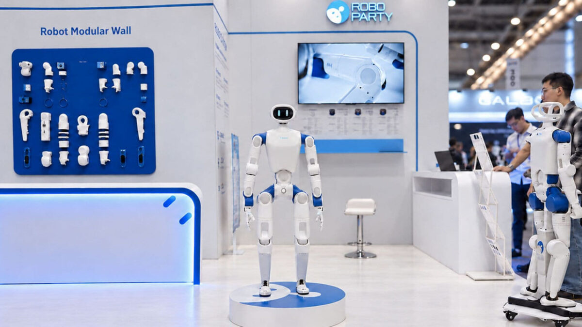 رباتهای انساننمای RP1 در غرفه RoboParty در نمایشگاه IROS 2026 در کنار اجزای ماژولار ربات