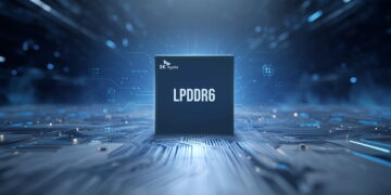 تراشه‌ی حافظه‌ی SK hynix LPDDR6 در مرکز تصویری گرافیکی از مدارهای الکترونیکی آبی‌رنگ.