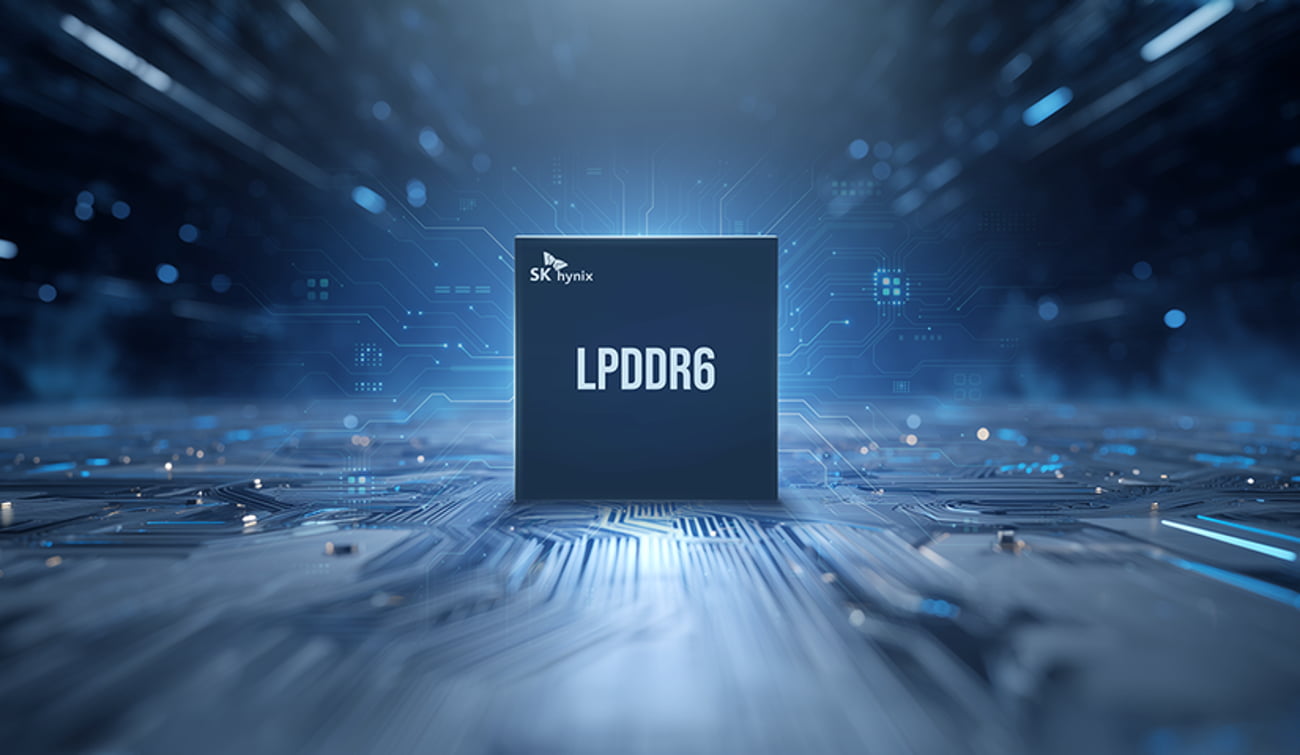 تراشهی حافظهی SK hynix LPDDR6 در مرکز تصویری گرافیکی از مدارهای الکترونیکی آبیرنگ.