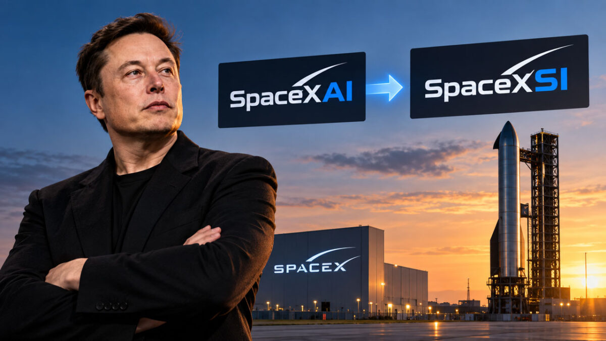 ایلان ماسک در کنار مجموعه SpaceX و موشک استارشیپ با نمایش تغییر نام SpaceXAI به SpaceXSI