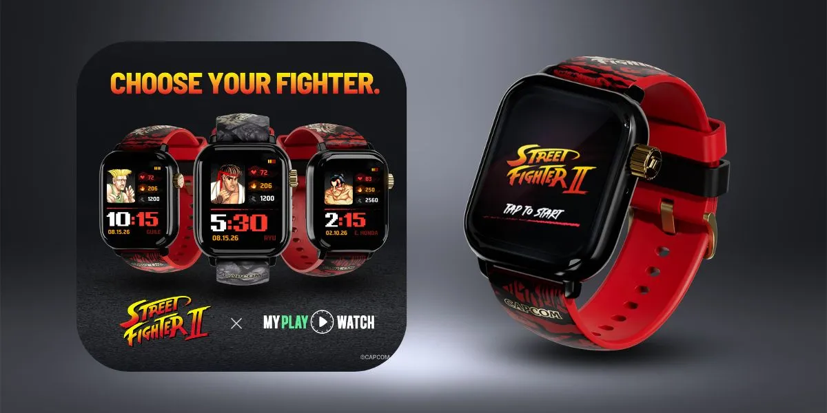 ساعت هوشمند قرمزرنگ با طرح Street Fighter II روی بند و نمایشگر؛ در کنار آن سه مدل ساعت با تصویر شخصیتهای بازی و لوگوی همکاری MyPlay Watch و Street Fighter II دیده میشود.
