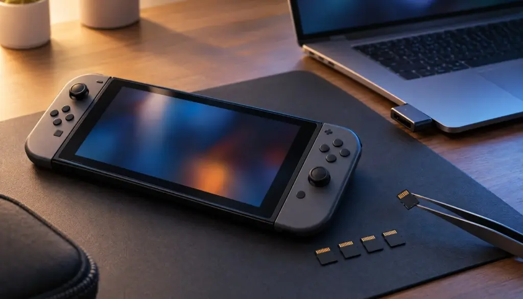 کنسول Nintendo Switch 2 روی میز کنار لپ‌تاپ، با چند کارت حافظه microSD Express و انبردست در کنارش.
