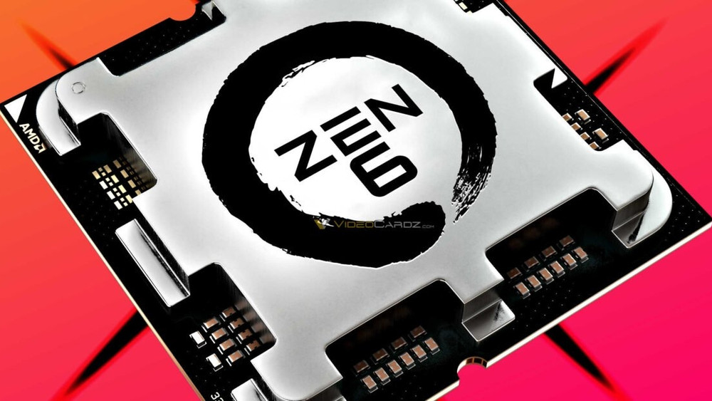 نمای نزدیک از پردازنده شرکت ایامدی (AMD) با نشان ذن ۶ (Zen 6) در قالب طرح دایرهای روی سطح فلزی و براق چیپ.