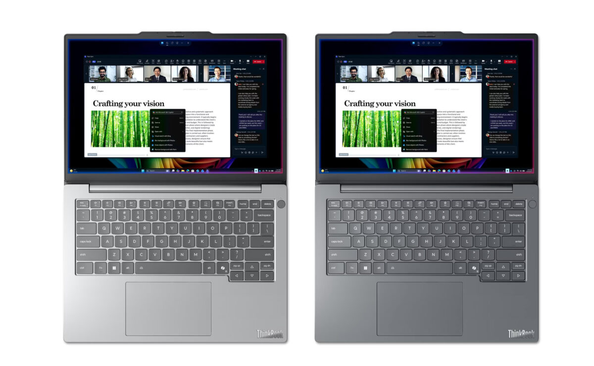 دو لپتاپ لنوو ThinkBook کنار هم با صفحهنمایش روشن در حال نمایش یک جلسه ویدیویی و ارائهای درباره چشمانداز کسبوکار.