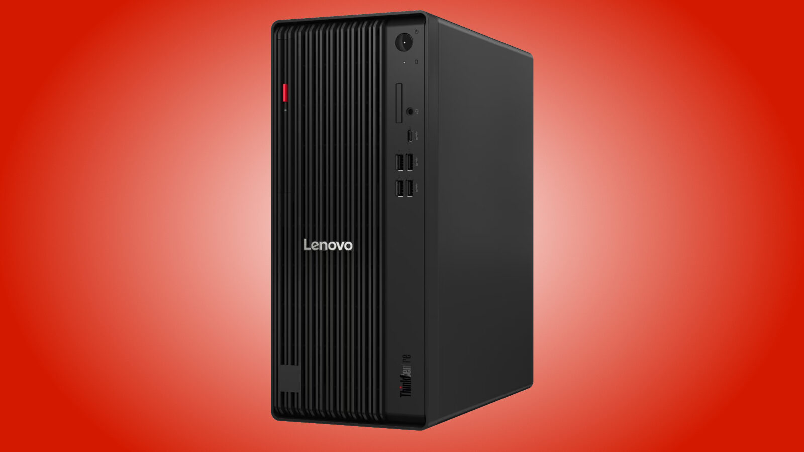 نمای سهرخ کیس لنوو ThinkCentre با بدنه مشکی، خطوط عمودی شیاردار روی پنل جلو و لوگوی قرمز شاخص ThinkCentre در پسزمینهای به رنگ قرمز و مشکی.