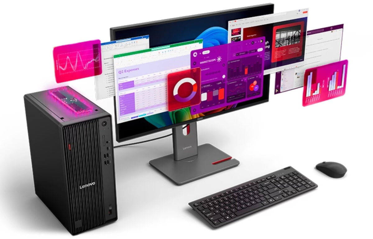 یک ستاپ کامل اداری شامل کیس لنوو ThinkCentre، مانیتور، کیبورد و ماوس به همراه پنجرههای شناور نرمافزاری و نمودارهای کاری رنگارنگ در اطراف نمایشگر.