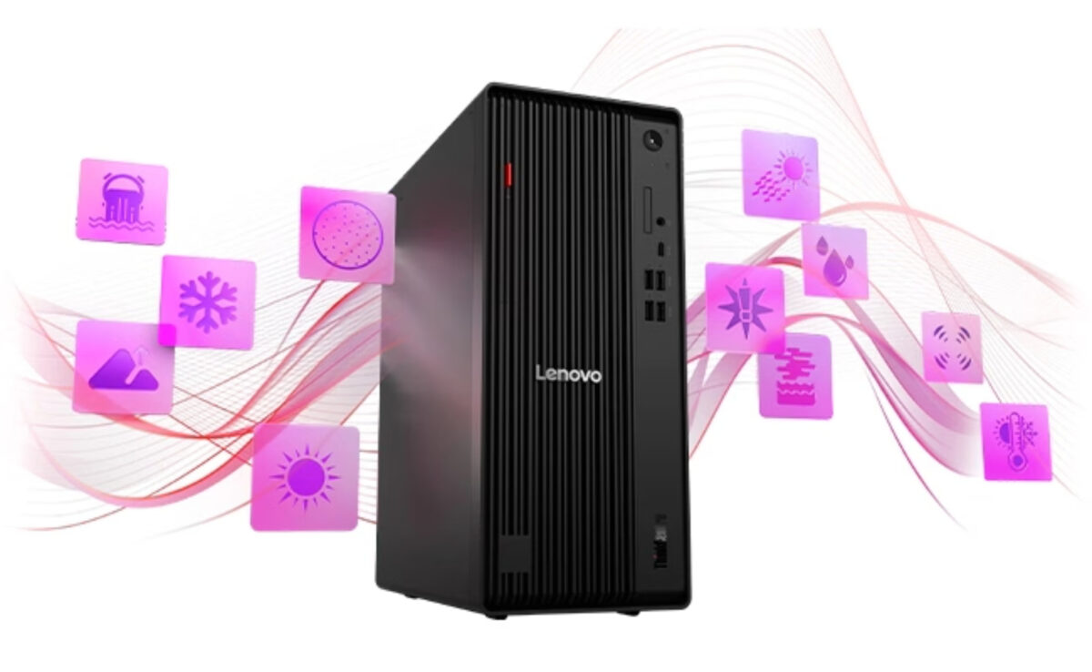 کیس لنوو ThinkCentre با پنل جلویی شیاردار، احاطهشده با آیکونهای بنفش شناور که ویژگیهای مقاومت محیطی مانند تحمل دما، سرما، رطوبت و گردوغبار را نشان میدهند.